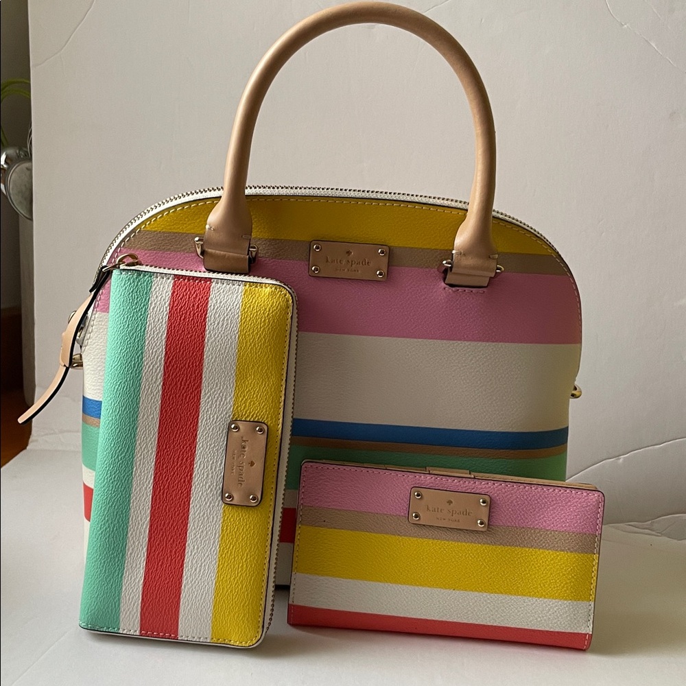 Kate Spade Grove Street Carli Leather Satchel Bag and Wallets Dunestripes Bundle